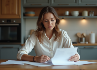 Femme lisant un document dans une cuisine moderne