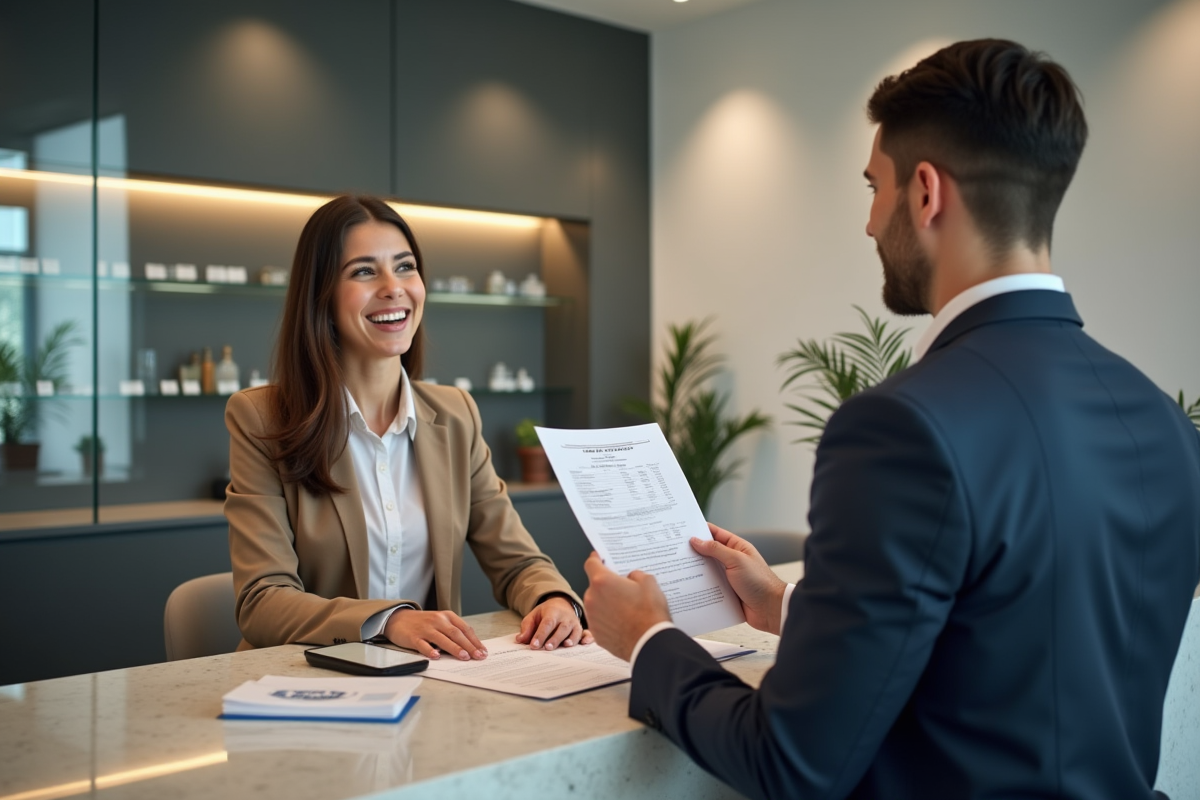 Jeune femme discutant de formulaires de location avec un agent immobilier