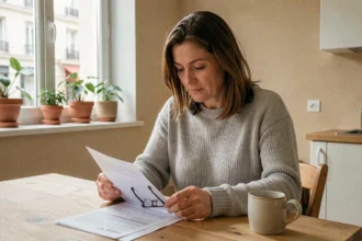 Femme consultant des documents d'assurance habitation dans un appartement moderne à Annemasse
