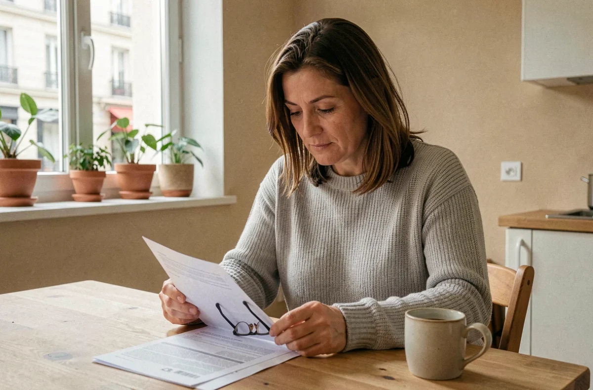 Femme consultant des documents d'assurance habitation dans un appartement moderne à Annemasse