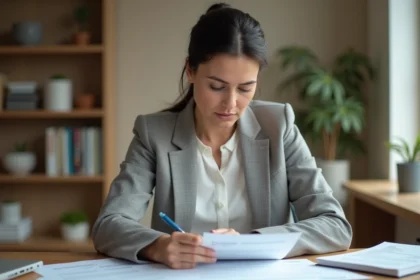 Femme consultant des documents immobiliers avant une estimation gratuite en ligne sur bricosuccess-immo.fr