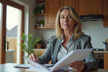 Femme d'âge moyen tenant des documents dans une cuisine moderne