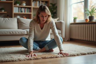 Femme regardant une tache d'eau sur le tapis beige