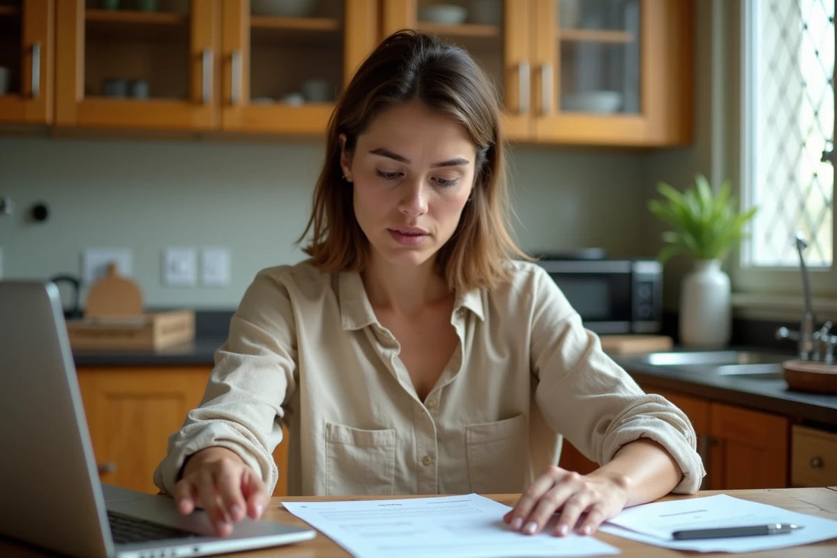 Femme consultant des documents de location avec dossier de location fragile sur une table en bois dans une cuisine modeste