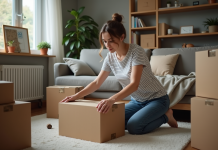 Jeune femme emballant une box dans un salon organisé