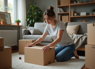 Jeune femme emballant une box dans un salon organisé