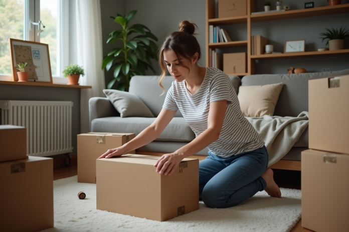 femme-emballage-mouvement Jeune femme emballant une box dans un salon organisé