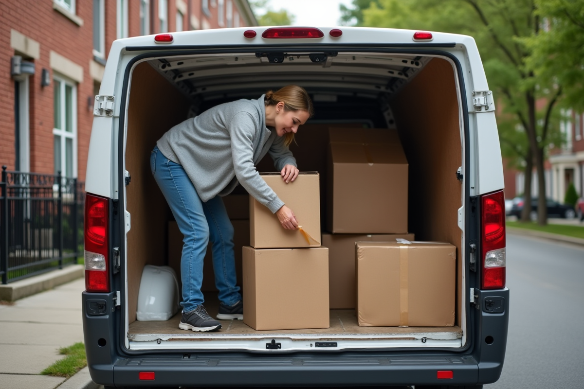 Femme tapant une boîte dans une camionnette en ville