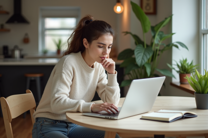Femme étudie des annonces de location dans un appartement cosy