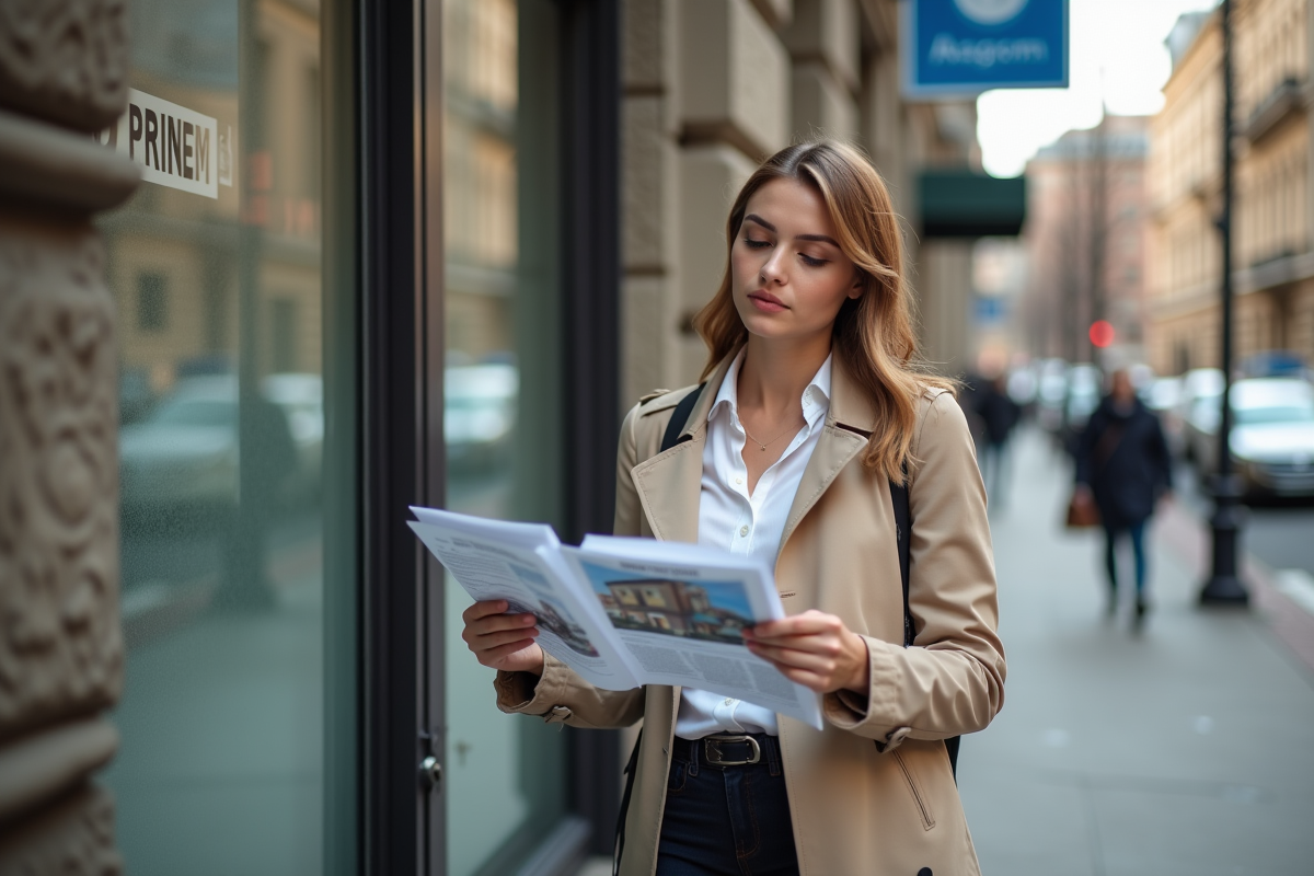 Jeune femme regardant des annonces immobilières en ville