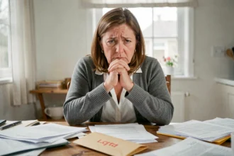 Femme inquiète face à un avis de résiliation d'assurance habitation pour non-paiement, entourée de documents administratifs sur une table en bois