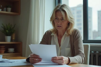 Femme inquiète tenant un courrier dans la cuisine