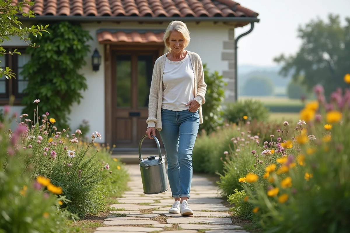 Femme arrosant des fleurs dans un jardin rural paisible