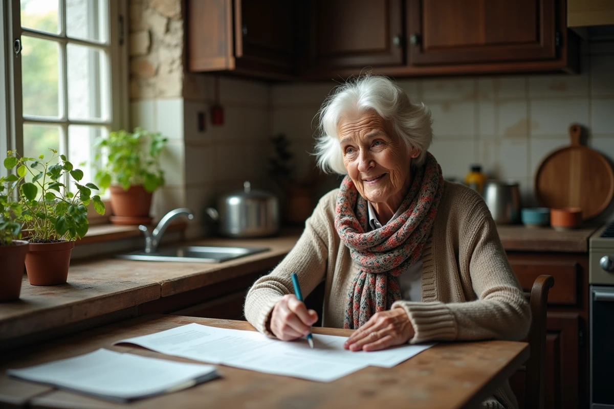 Femme âgée consulte des documents DPE dans sa cuisine chaleureuse