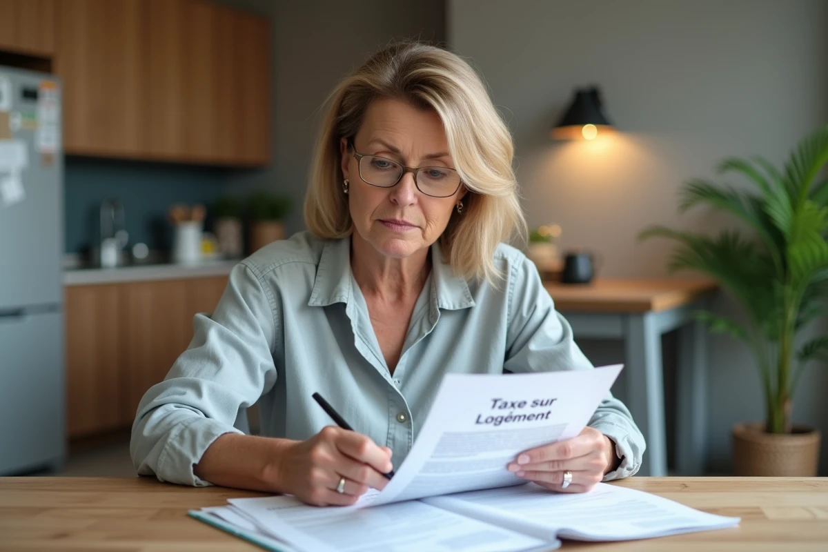 Femme d'âge moyen examinant des papiers de taxe logement