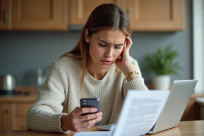 Femme examinant une lettre avec 'ALIN numero' dans une cuisine moderne