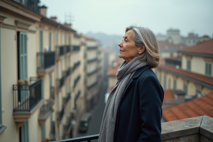 femme-mille-balcon-rooftops Femme d'âge moyen regardant la ville depuis un balcon