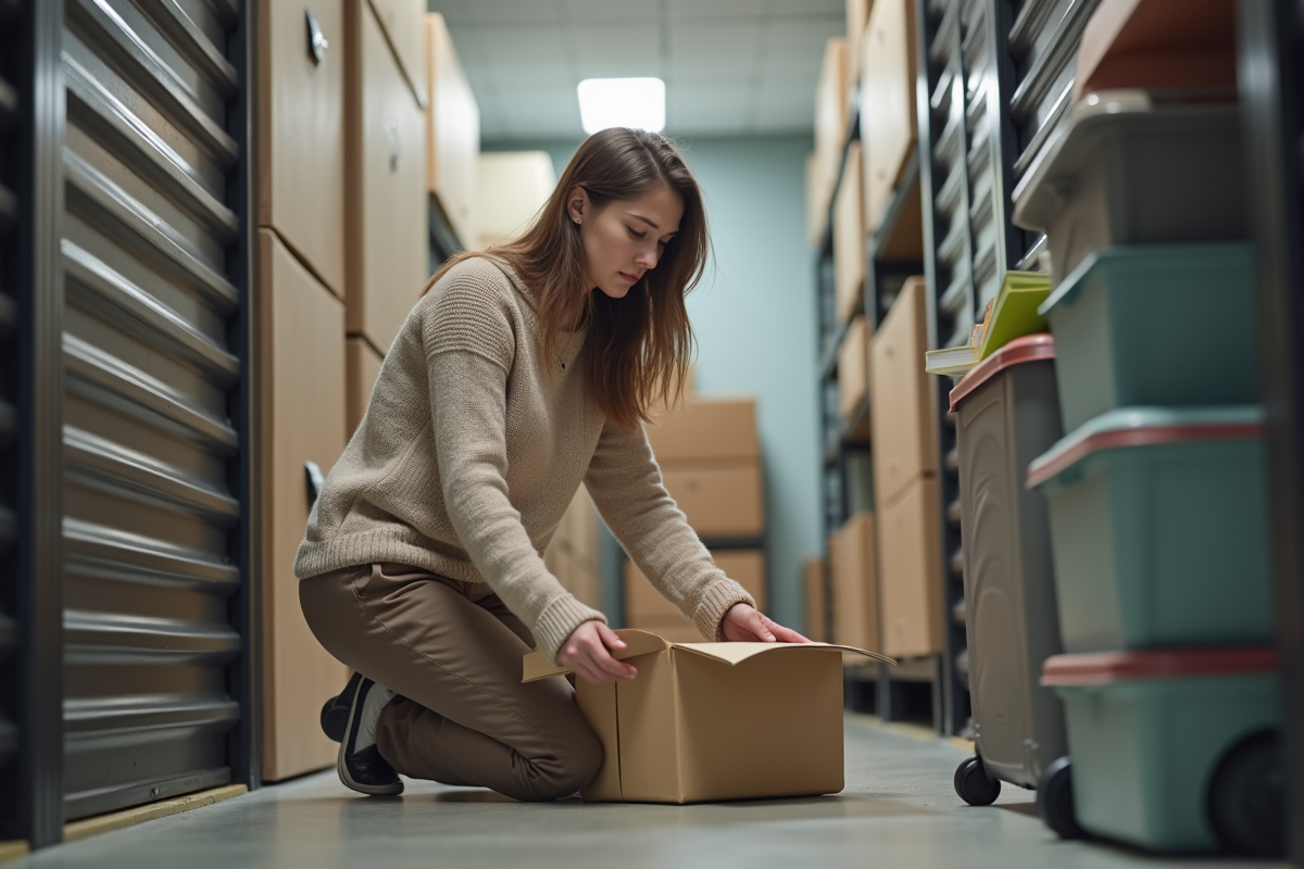 Jeune femme range des objets dans un espace de stockage moderne