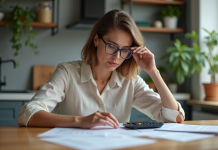 Femme concentrée à la maison avec papiers et calculatrice