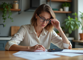 Femme concentrée à la maison avec papiers et calculatrice