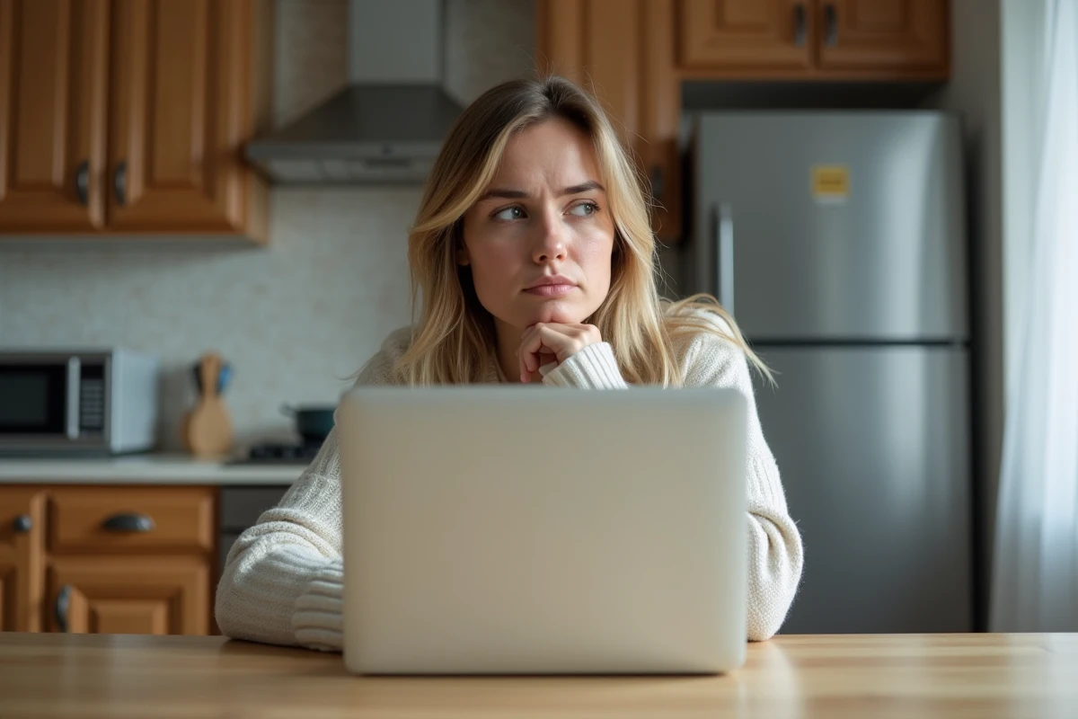 Jeune femme concentrée devant son ordinateur à la maison