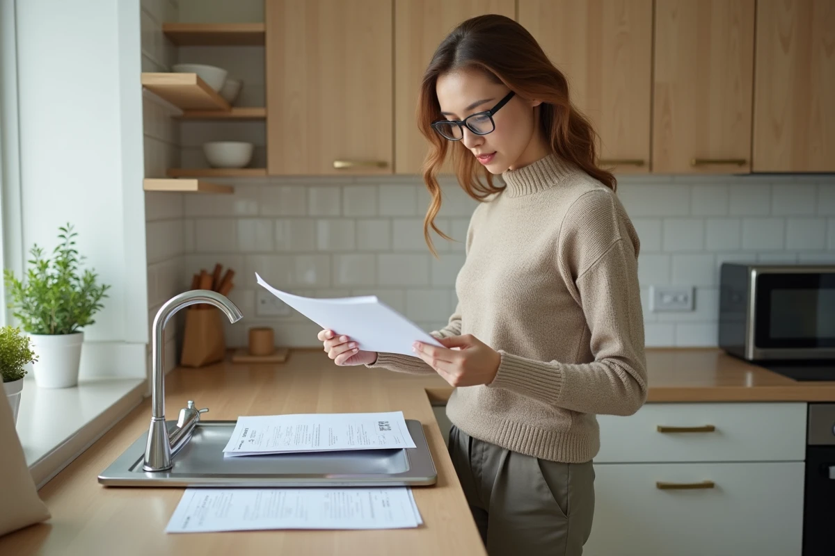 Femme aux revenus modestes organisant son dossier de location avec bulletin de salaire et lettre de motivation dans une cuisine simple