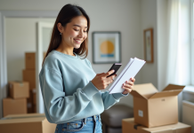 Jeune femme souriante vérifiant sa liste de déménagements