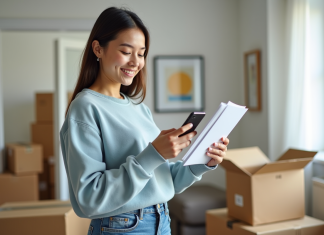 Jeune femme souriante vérifiant sa liste de déménagements