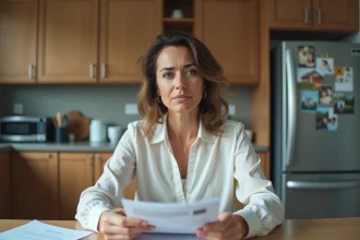Femme préoccupée avec papiers et annonce immobilière