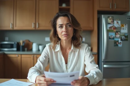 Femme préoccupée avec papiers et annonce immobilière