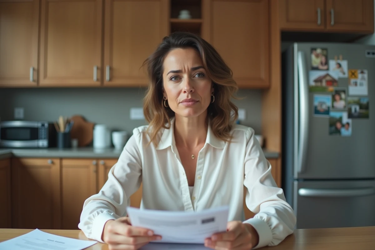 Femme préoccupée avec papiers et annonce immobilière