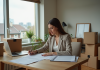 Déductibilité des impôts : déménagement, conditions et avantages fiscaux Femme concentrée préparant ses impôts dans un appartement moderne