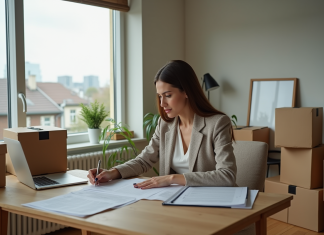 Déductibilité des impôts : déménagement, conditions et avantages fiscaux Femme concentrée préparant ses impôts dans un appartement moderne