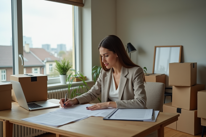 femme-preparer-impots-appartement Femme concentrée préparant ses impôts dans un appartement moderne