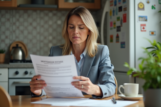 Femme d'âge moyen examine un document de prêt hypothécaire à la maison