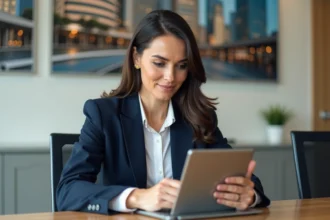 Femme d'affaires en bureau moderne avec tablette
