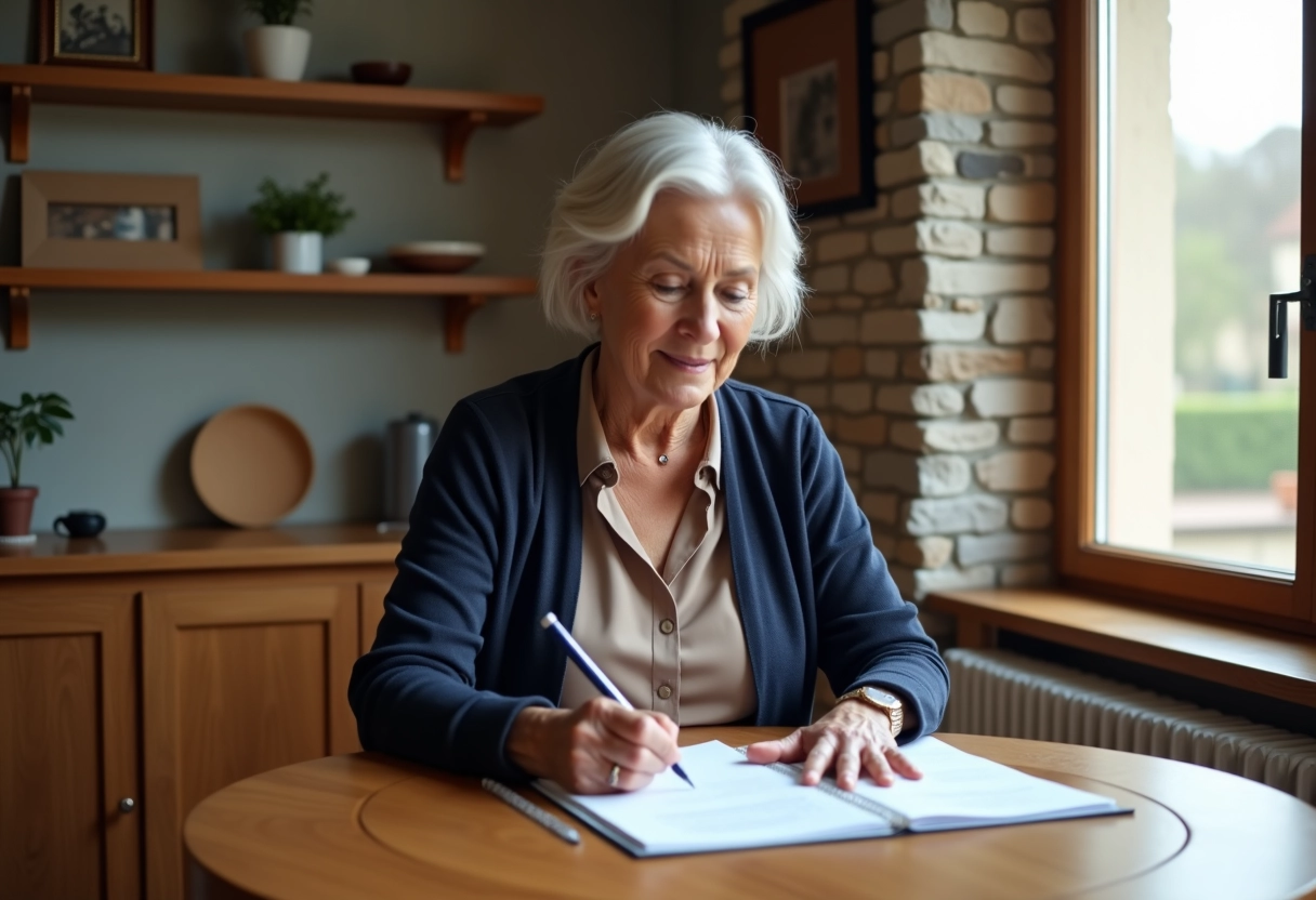 Femme propriétaire remplissant des papiers dans son salon chaleureux