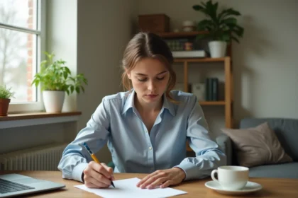Jeune femme aux revenus modestes rédigeant une lettre de motivation pour un appartement à son bureau dans un petit logement soigné