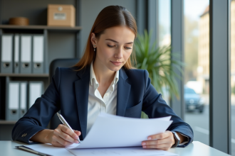 Femme en costume examine des papiers dans un bureau immobilier