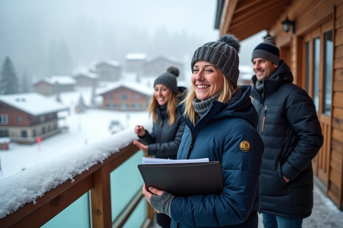 Femme souriante en ski sur un balcon enneige avec couple