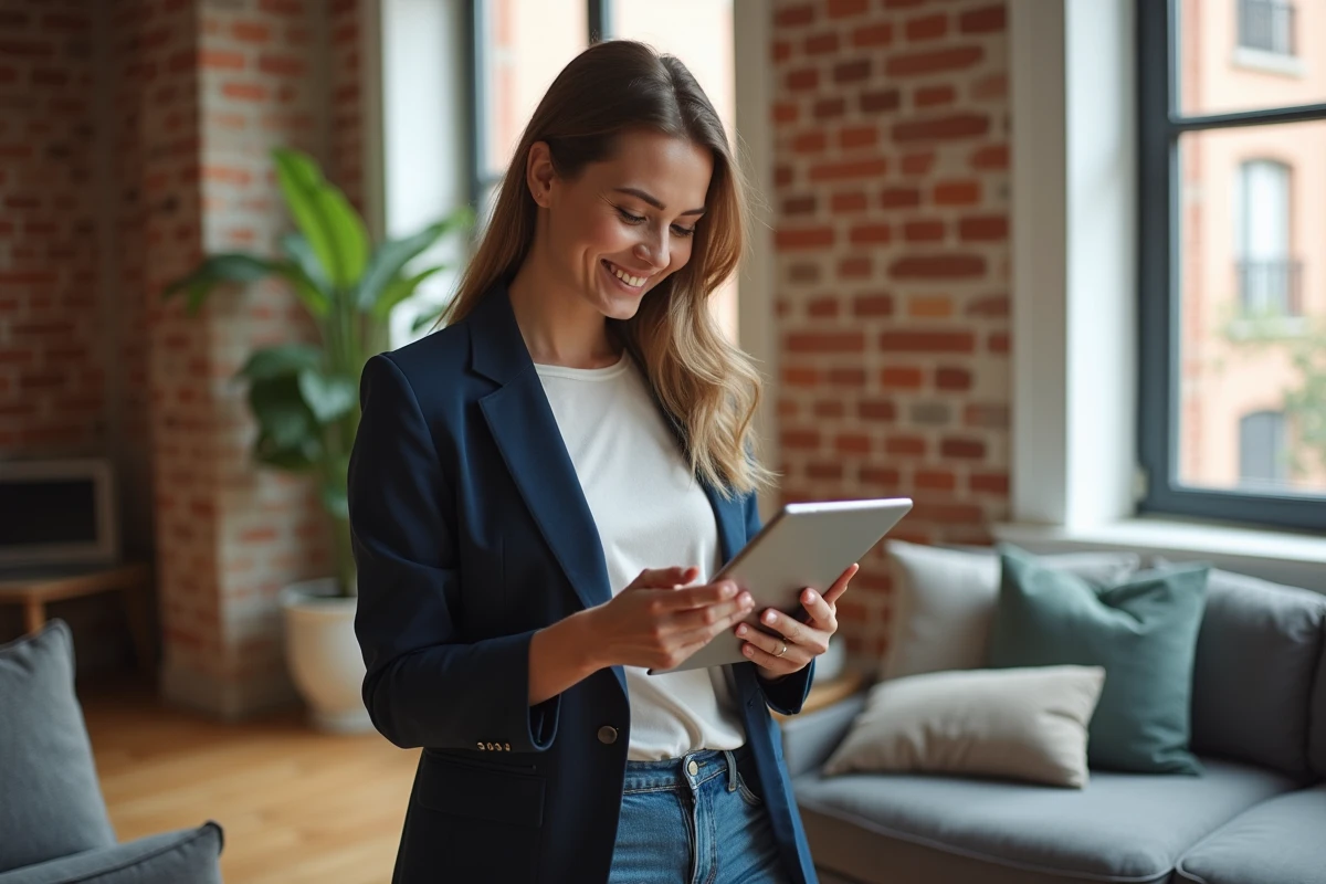 Femme souriante avec tablette dans un appartement toulousain