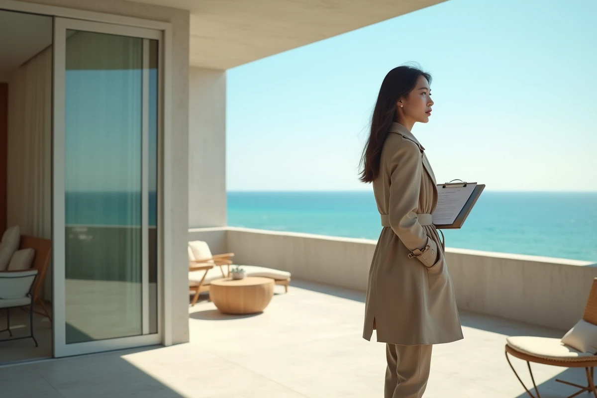 Jeune femme en trench regardant la mer depuis la terrasse