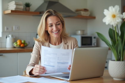 Femme d'âge moyen travaillant sur ses documents fiscaux dans une cuisine moderne