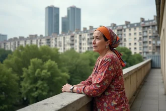 Femme portant foulard coloré sur un balcon urbain à Nanterre