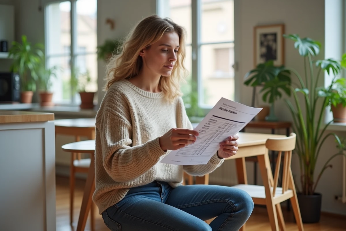 Femme assise à une table de cuisine à Lyon regardant un rapport immobilier