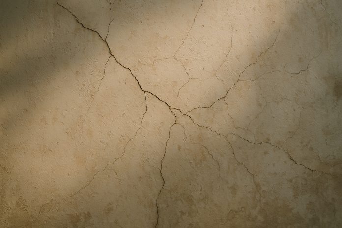 Gros plan de fissures sur un vieux mur en plâtre