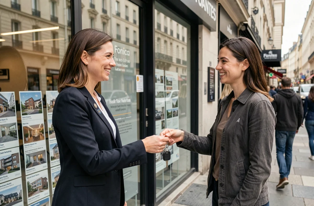Agente de Foncia Nantes remettant les clés d'un appartement locatif à un couple de nouveaux locataires devant l'agence