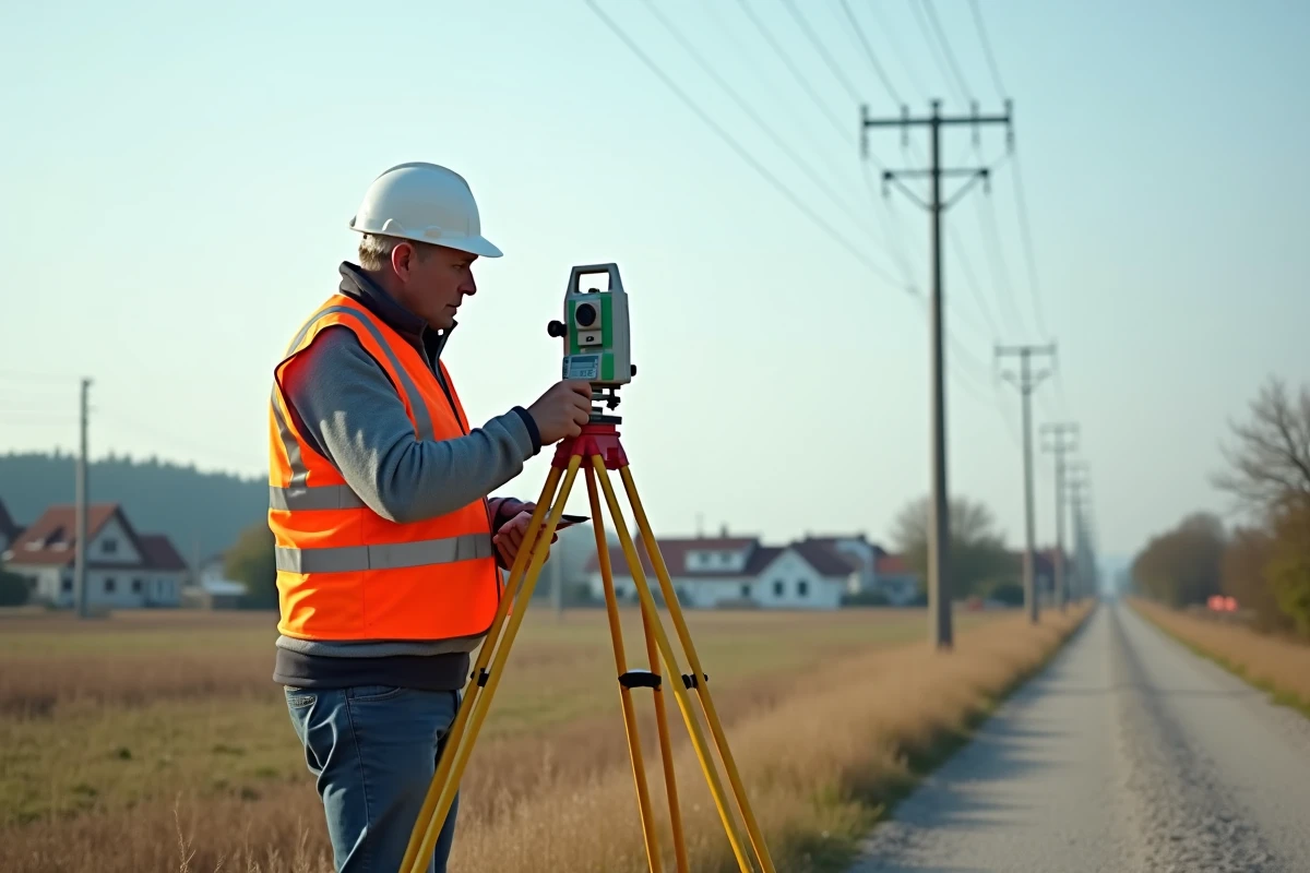 Géomètre mesurant un terrain de 6 ares avec équipement professionnel en zone péri-urbaine française