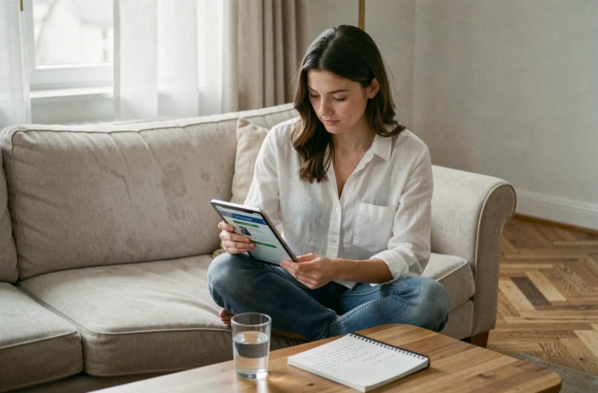 Jeune femme gérant sa déclaration de loyer CAF sur tablette numérique depuis son salon