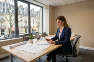 Agent immobilière professionnelle consultant des documents dans une agence de gestion locative à Nantes, Loire-Atlantique